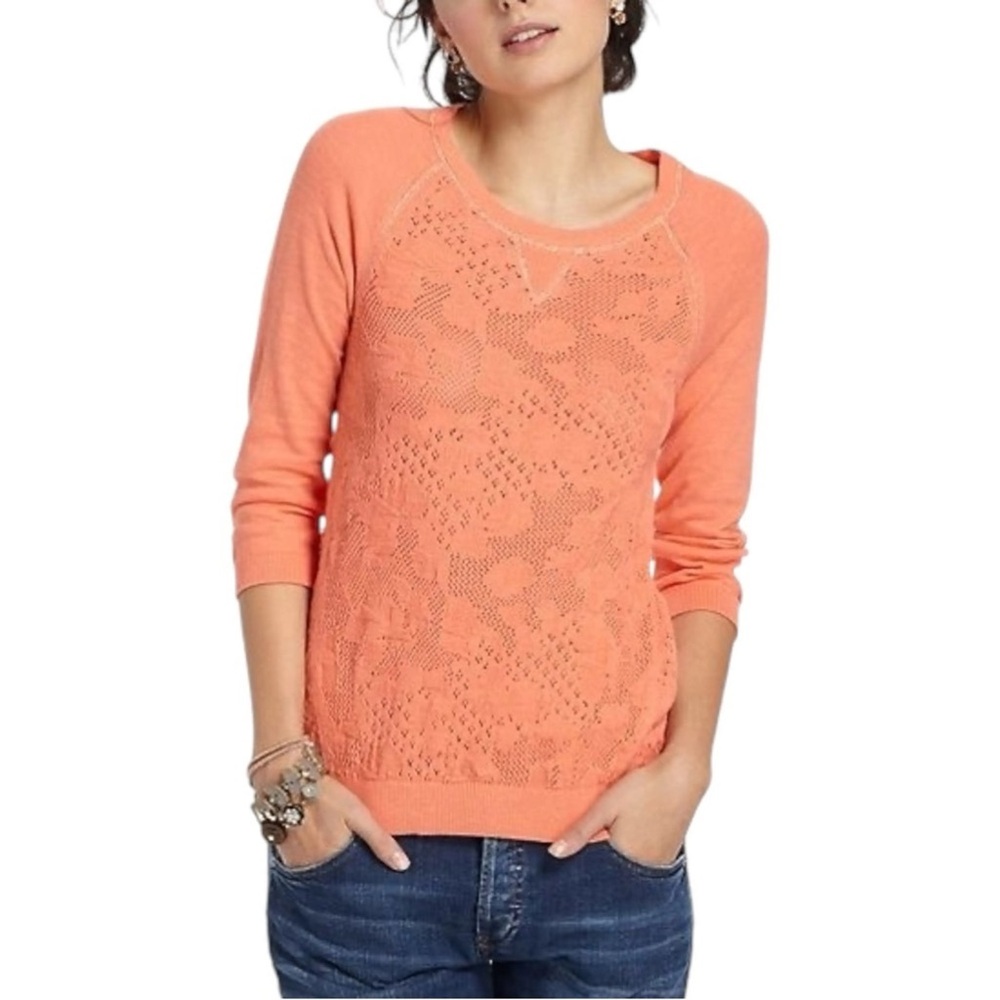 Anthropologie Coral Orange Crochet Front Pullover Sweater